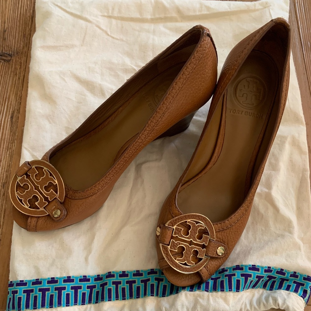 Tory Burch Brown/Tan open toe wedge heels